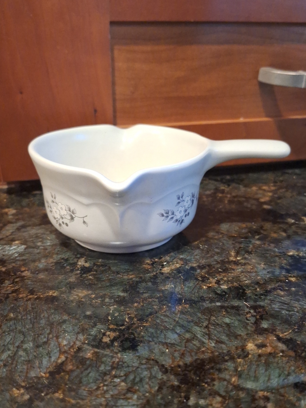 Vtg. Pfaltzgraff " Heirloom" White Creamer/Saucepan with Floral Motif